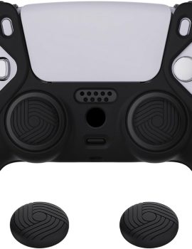 eXtremeRate PlayVital Samurai Edition Black Anti-Slip Controller Silicone Skin for ps5, Ergonomic Soft Rubber Protective Case for ps5 Controller with Black Thumb Stick Caps